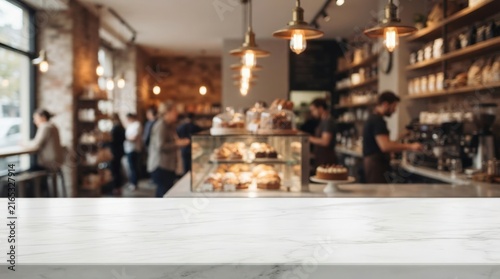 Professional bakery counter showcasing delicious pastries, ideal for food marketing, restaurant branding, and web design mockups with inviting warm lighting and busy café ambiance.