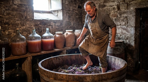Man stomping grapes in traditional wine cellar for natural wine production