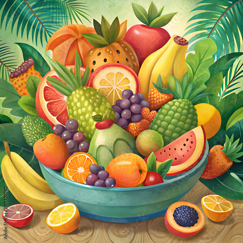Colorful assortment of exotic fruits in a teal bowl on a wooden surface. Vibrant display of various fruit slices and whole fruits.