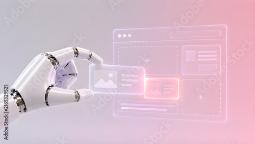 Futuristic white robotic hand interacting with a holographic digital interface, symbolizing artificial intelligence technology and advanced automation in a modern workspace