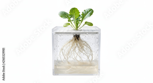 Hydroponic plant growing in a transparent glass cube showing visible root system.