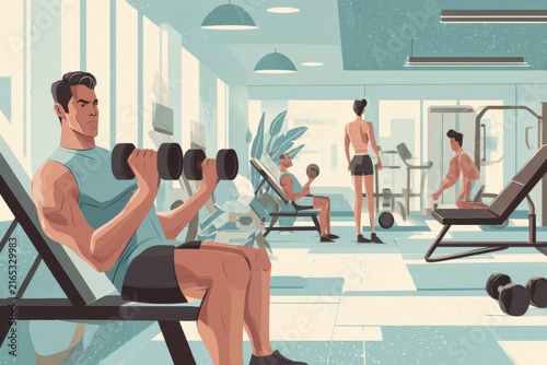 Men and women engage in strength training exercises with dumbbells in a modern gym