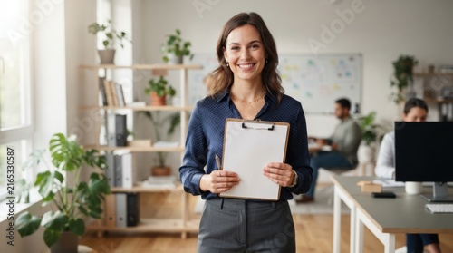 Bright, cheerful professional woman with clipboard in contemporary office setting, ideal for corporate marketing, teamwork, and business presentation stock imagery.