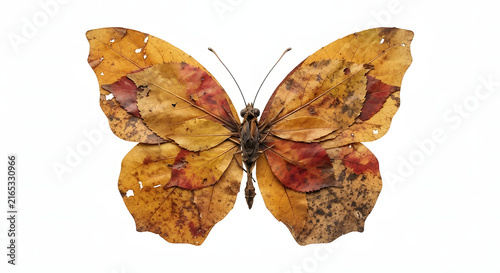 Conceptual butterfly silhouette made from textured autumn leaves isolated on white.
