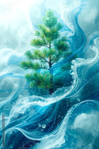 Single evergreen tree stands firm amid swirling turquoise waters