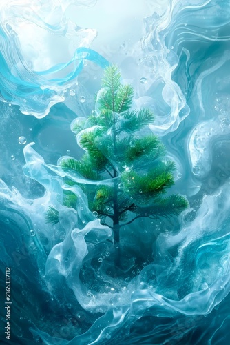 Emerald pine stands firm amid swirling ocean currents