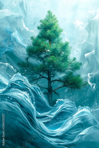 Lone pine tree stands defiant in swirling ocean waves