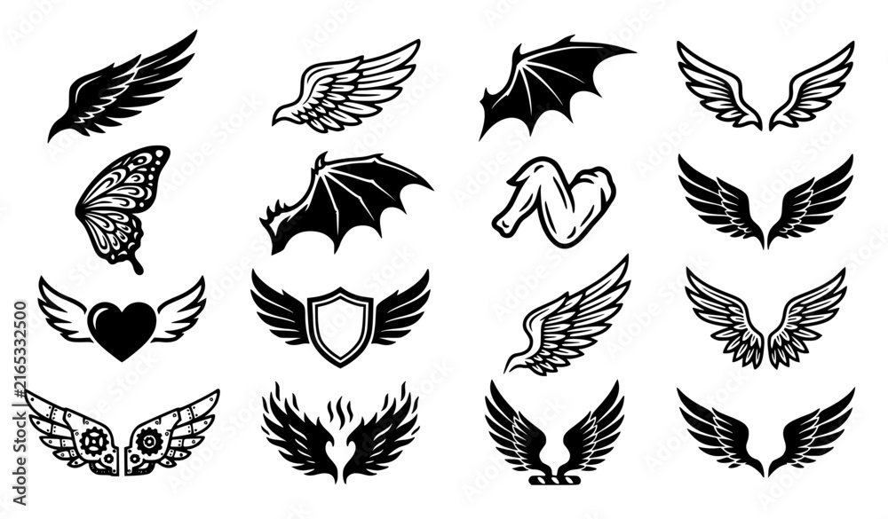 Fototapeta premium Wing Set Bird Bat Chicken and Mythical Wings Solid Black Vector Symbols