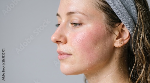 Side view of young woman with damp glowing skin and water drops on flushed cheek