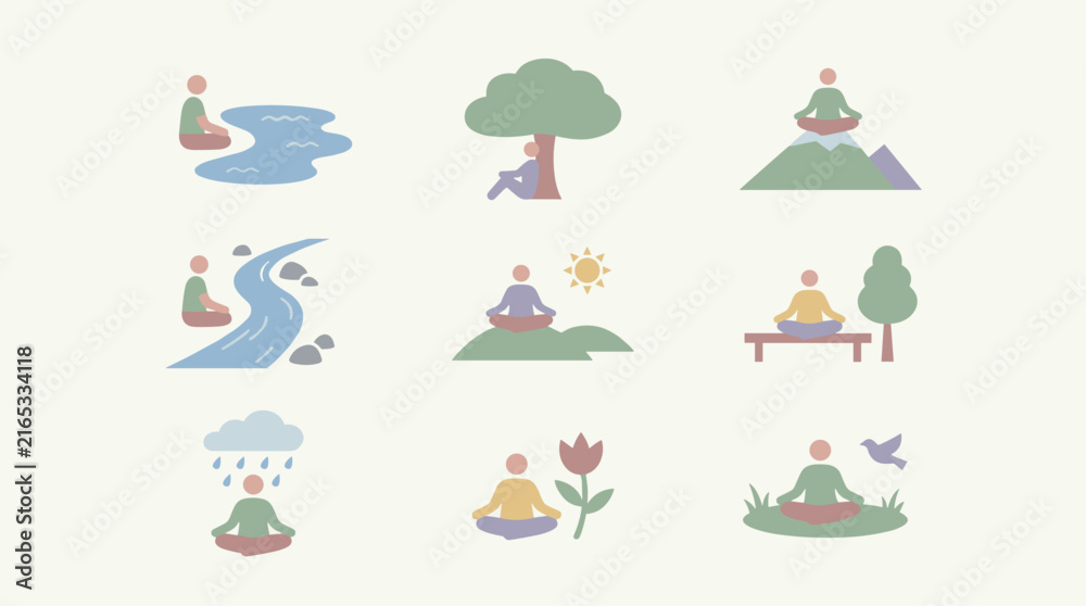 Fototapeta premium Set of 9 flat design icons depicting people meditating in various natural settings, including water, mountains, and park.