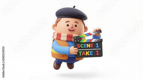 3D cartoon boy filmmaker holding a movie clapperboard.