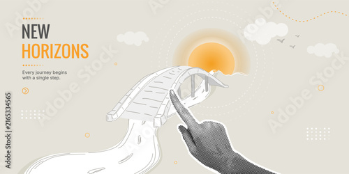 Goal setting and visionary leadership in business strategy. Stylish halftone collage. Conceptual illustration of a new path to success. Vector illustration