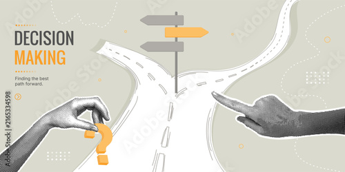 A hand choosing a direction at a fork in the road. Stylish halftone collage. Conceptual illustration of decision making and strategy. Finding the path forward in business and career development throug