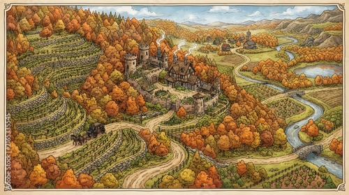 Medieval Estate and Vineyard RPG Map Fantasy World Concept Art