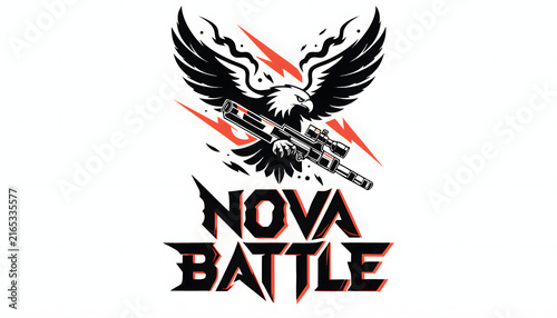Black and red eagle holding sniper rifle logo for battle royale gaming esport team or military brand.