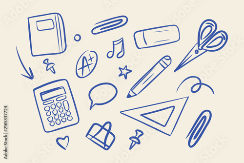 Hand-drawn school supplies and doodles. Line art illustrations featuring stationery items and academic symbols, perfect for educational themes.