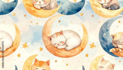 Adorable seamless pattern of sleeping kittens, crescent moons, and twinkling stars, pastel palette, cozy whimsical cartoon design.
