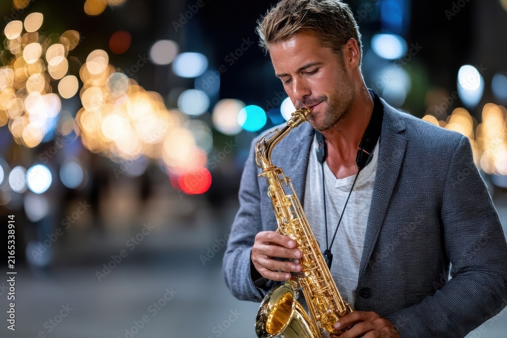 Fototapeta premium Musician plays saxophone on a vibrant city street at night during a festive atmosphere