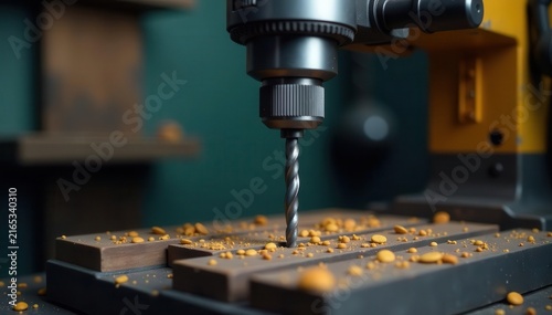 Drill press with chuck and bit ready to drill, wood, machine tool