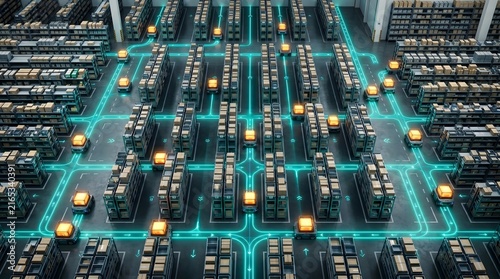 Overhead View of Automated Warehouse Floor with Dozens of Small Robotic Units Navigating Between Shelving Rows Following Luminous Teal Pathways Carryi