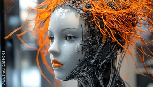 A female mannequin head with orange and black hair made of wires. In the background is an abstract representation of artificial intelligence
