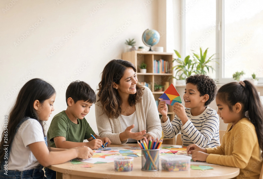 Obraz premium Teacher helping multiethnic children with geometric puzzle shapes at a table in a bright classroom learning