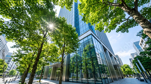 Modern glass skyscraper surrounded by lush green trees in a sustainable city under a bright sunny sky