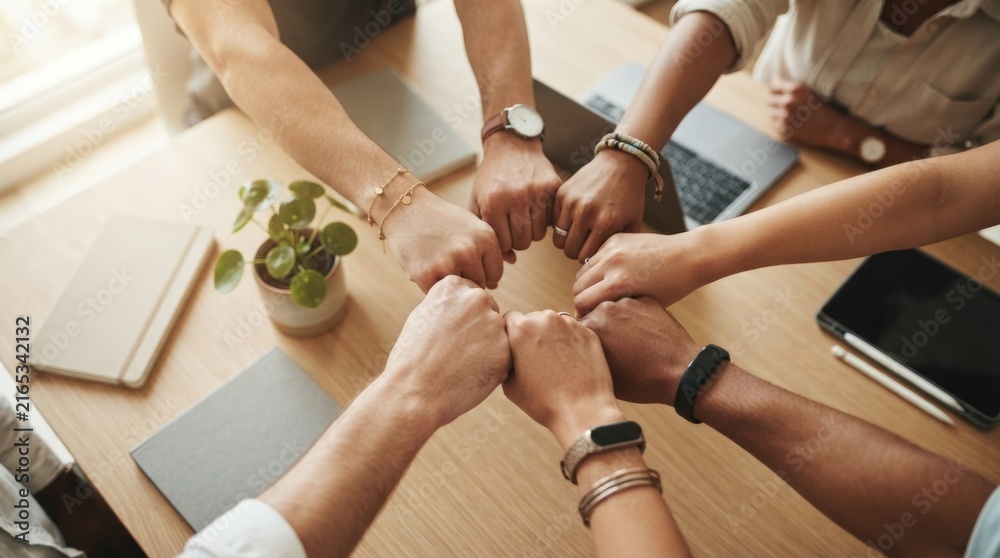 Obraz premium Professional team forming a handshake circle in a modern office setting, ideal for corporate marketing, team-building content, and motivational business presentations.