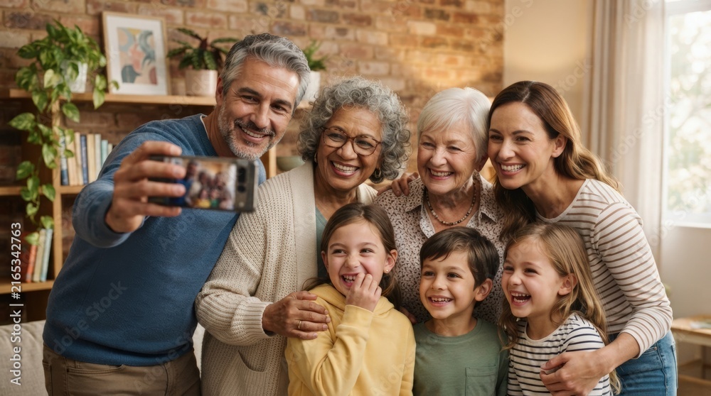 Obraz premium Happy multi-generational family taking selfie together indoors