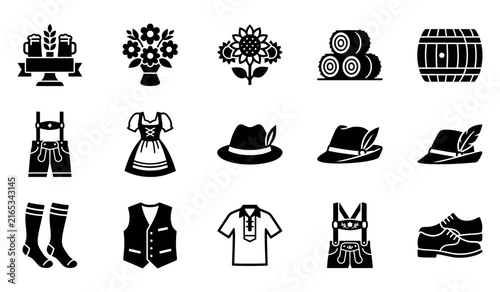 Set of Oktoberfest celebration icons featuring traditional German beer mugs and festive Bavarian clothing apparel designs vector