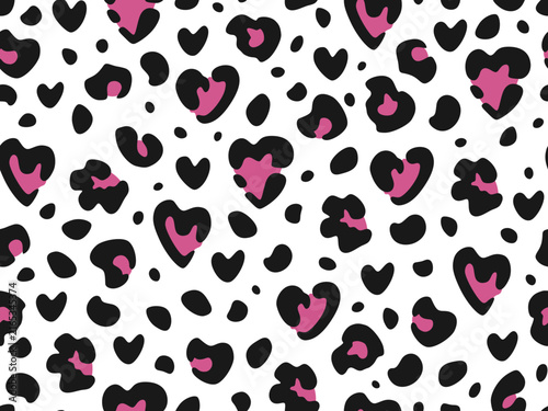 Cute glamorous leopard seamless pattern with heart-shaped spots. Girly pink animalistic leopard print. Abstract wild background for fabric, packaging, and wallpaper.