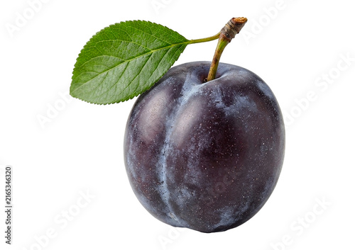 Ripe purple plum with green leaf isolated on transparent background png cut
