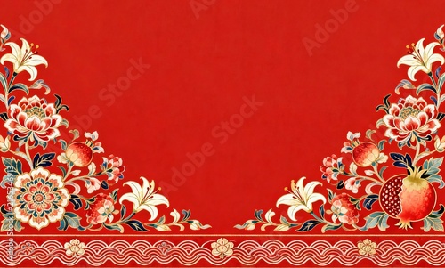 Traditional Chinese Red Brocade Pattern with Symmetrical Floral Motifs, Decorative Peony Rosette, Lily and Pomegranate