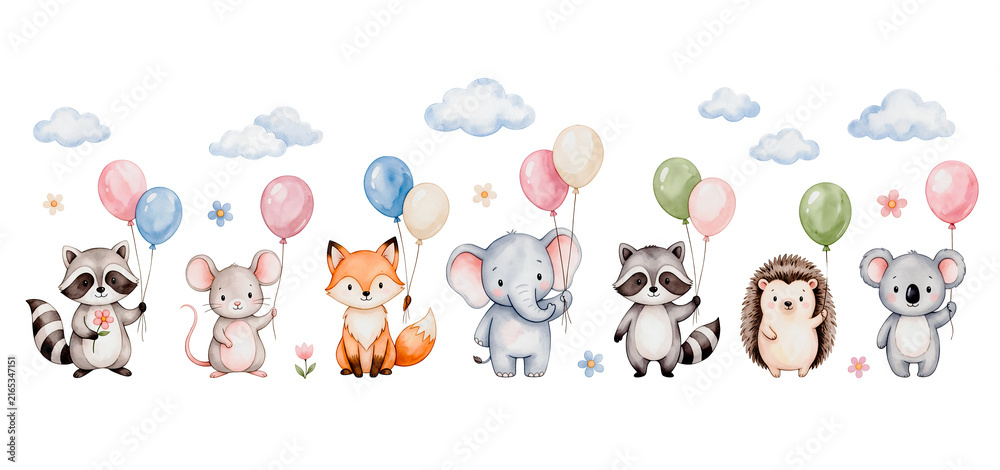 Obraz premium Watercolor cute woodland animals holding balloons set