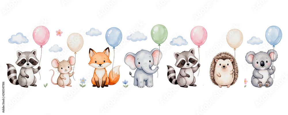Obraz premium Watercolor cute woodland animals holding balloons set