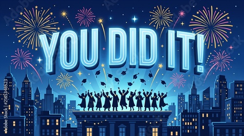 Successful Achievement Celebration with Fireworks and Crowd Silhouette
