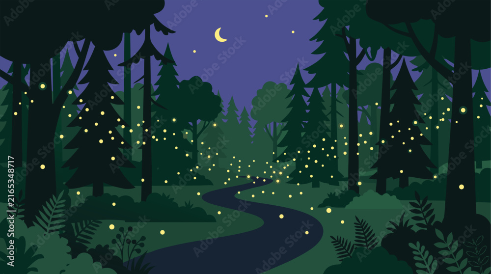 Fototapeta premium Magical Fireflies Glowing in a Dark Enchanted Forest at Night Flat Vector Illustration Scenic Landscape Viewpoint of Nature Atmosphere