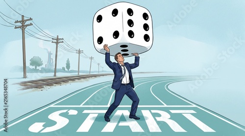Businessman Carrying Giant Dice on Road Representing Risk and Uncertainty