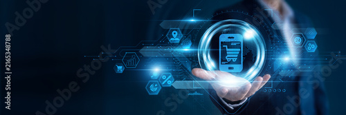 Foto Businessman hand hold Mobile Commerce and global networking data, managing online transactions, improving mobile shopping experiences, supporting digital payments, expanding e-commerce