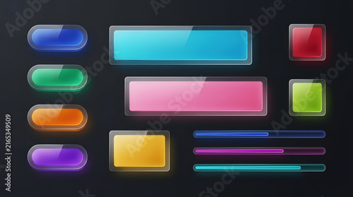 Pack of colorful glassmorphic UI elements, buttons, and progress bars