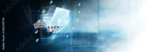 Businessman Using Laptop for Analyzing Digitization Data. Transforming business information, improving digital processes, managing electronic systems, and supporting technology innovation.