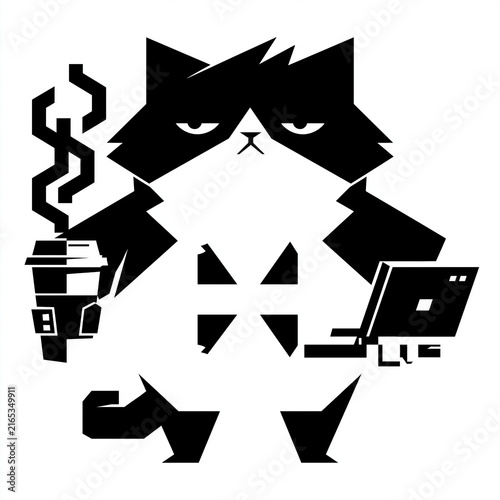 コーヒーとノートPCを持った猫