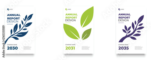 Set of three annual report cover page templates featuring minimalist plant graphics
