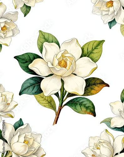 Vintage Gardenia Botanical Plate Illustration with Multiple Blossoms, Green Foliage and Clean White Space