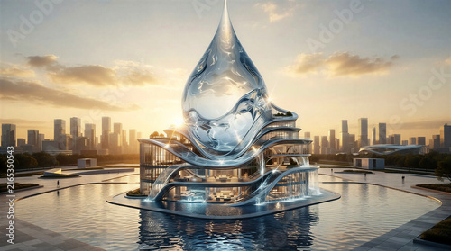 A gigantic transparent water droplet transforms into a monumental futuristic building