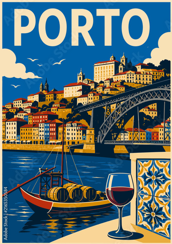 099-19-pPorto cityscape with douro river, luis i bridge, rabelo boat, port wine, and azulejos