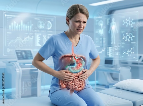 A woman in medical scrubs experiencing stomach pain with a holographic visualization of her digestive system displayed over her abdomen in a clinical setting