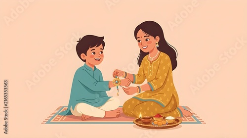 Happy Raksha Bandhan Vector Illustration of Sister Tying Sacred Rakhi Thread on Younger Brother Wrist with Puja Thali and Sweets