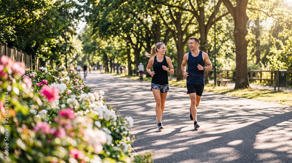 Fototapeta premium Happy Active Couple Jogging Together in Sunny Urban Park Surrounded by Blooming Flowers