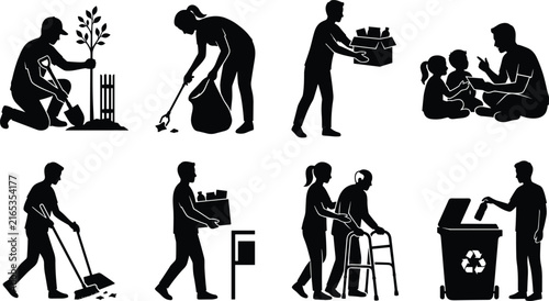 Community Support and Environmental Volunteer Silhouette Set Showing Helping, Teaching, and Recycling Activities
